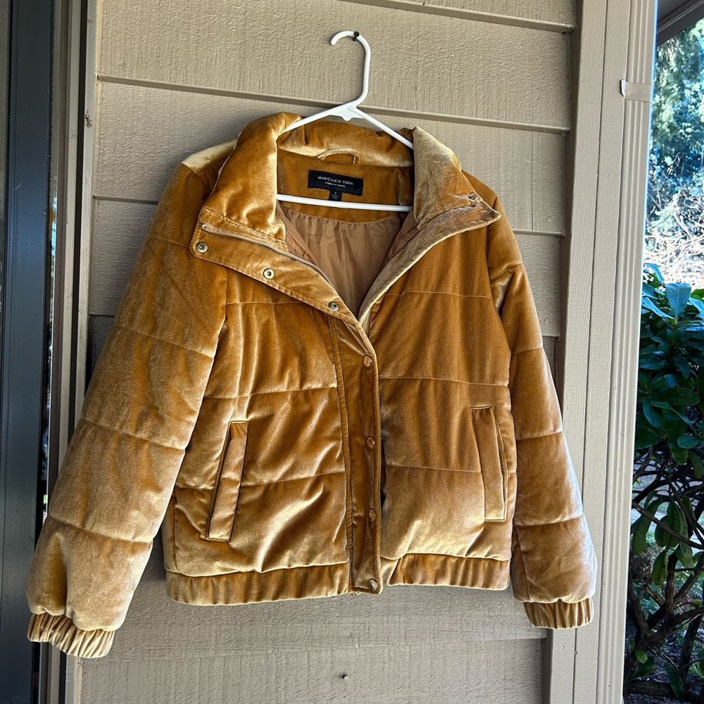 Andrew Marc NY jacket Gold Velvet bomber style, soft texture,